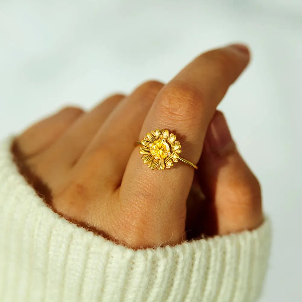 Sunflower Zircon Sterling Silver Ring in Gold - women's ring