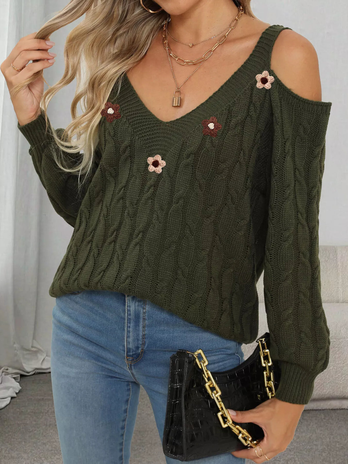 Floral Applique Cold Shoulder Cable-Knit Sweater in Military Green - women's sweater