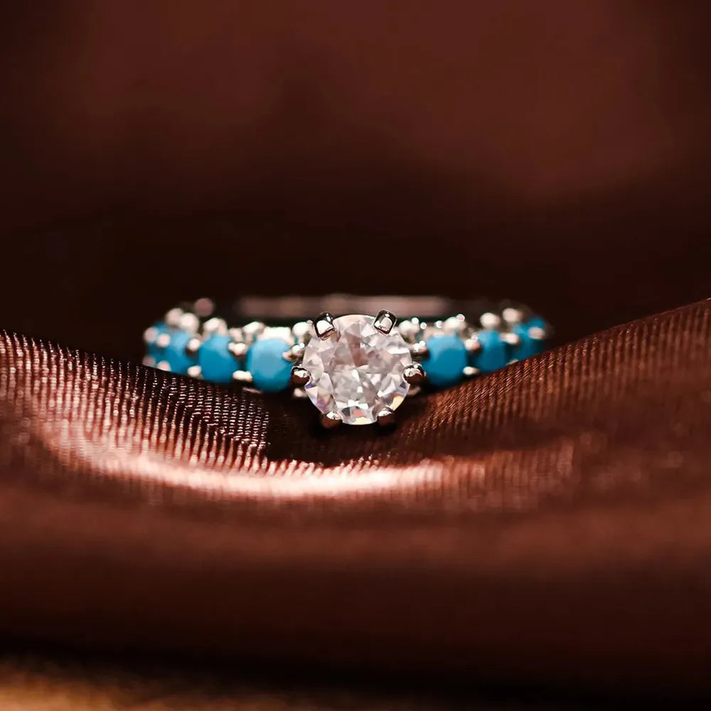 Inlaid Artificial Turquoise Zircon Sterling Silver Ring in Silver - women's ring