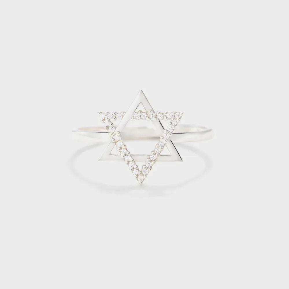 Sterling Silver Inlaid Zircon Hexagram Ring in White - women's ring