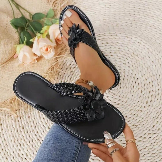 Floral Accent Braided Thong Sandals in Black - women's thong sandals