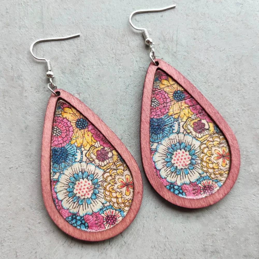 Floral Wood Teardrop Earrings in Turquoise - women's drop earrings