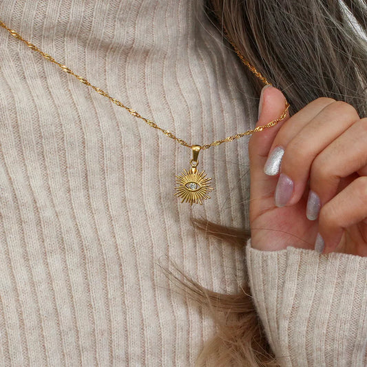 18K Gold-Plated Evil Eye Sunburst Pendant Necklace - alternate necklace view