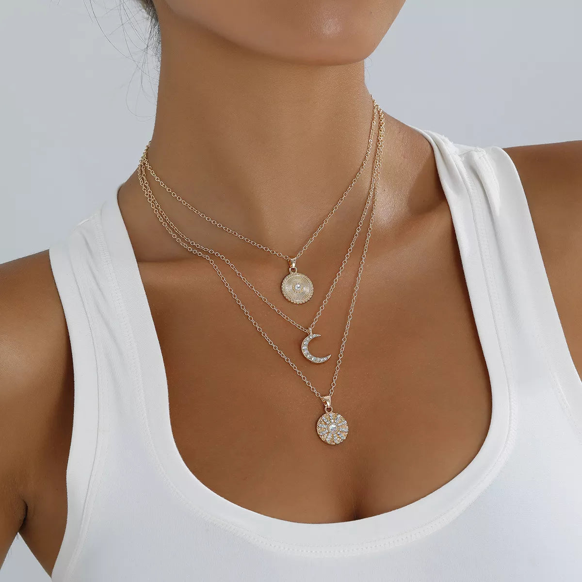 Multi-Layered Gold-Tone Moon and Coin Pendant Necklace - alternate necklace view