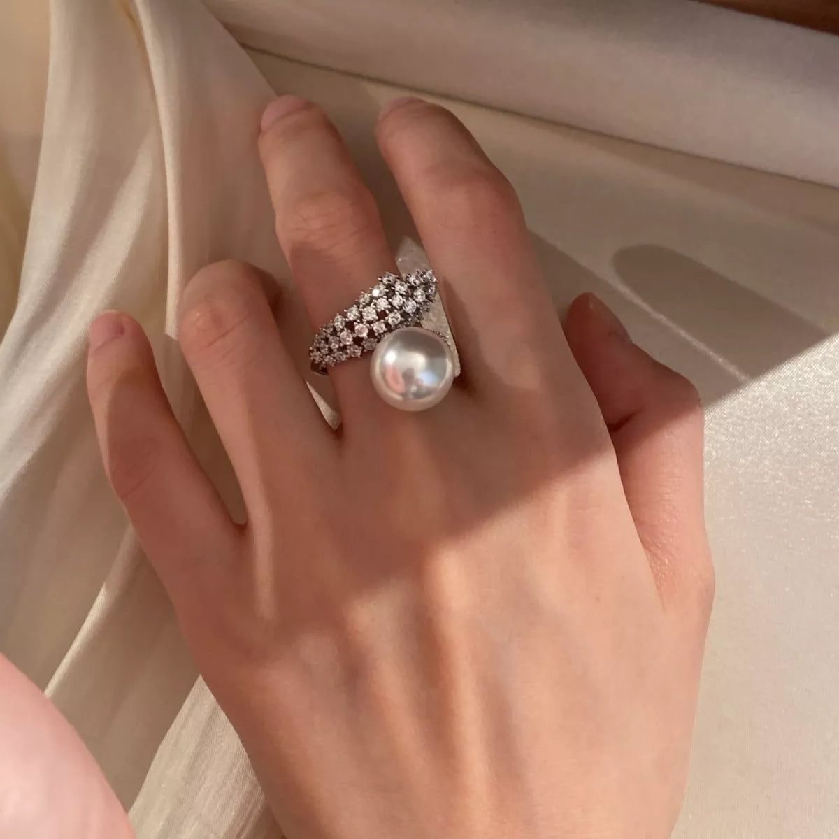 Sterling Silver Pearl Bypass Ring - alternate ring view