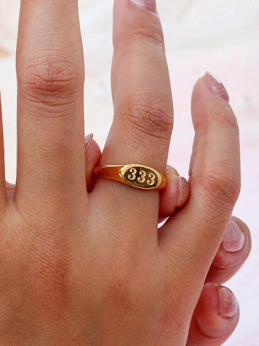 18K Gold-Plated 333 Number Signet Ring in Gold - women's signet ring