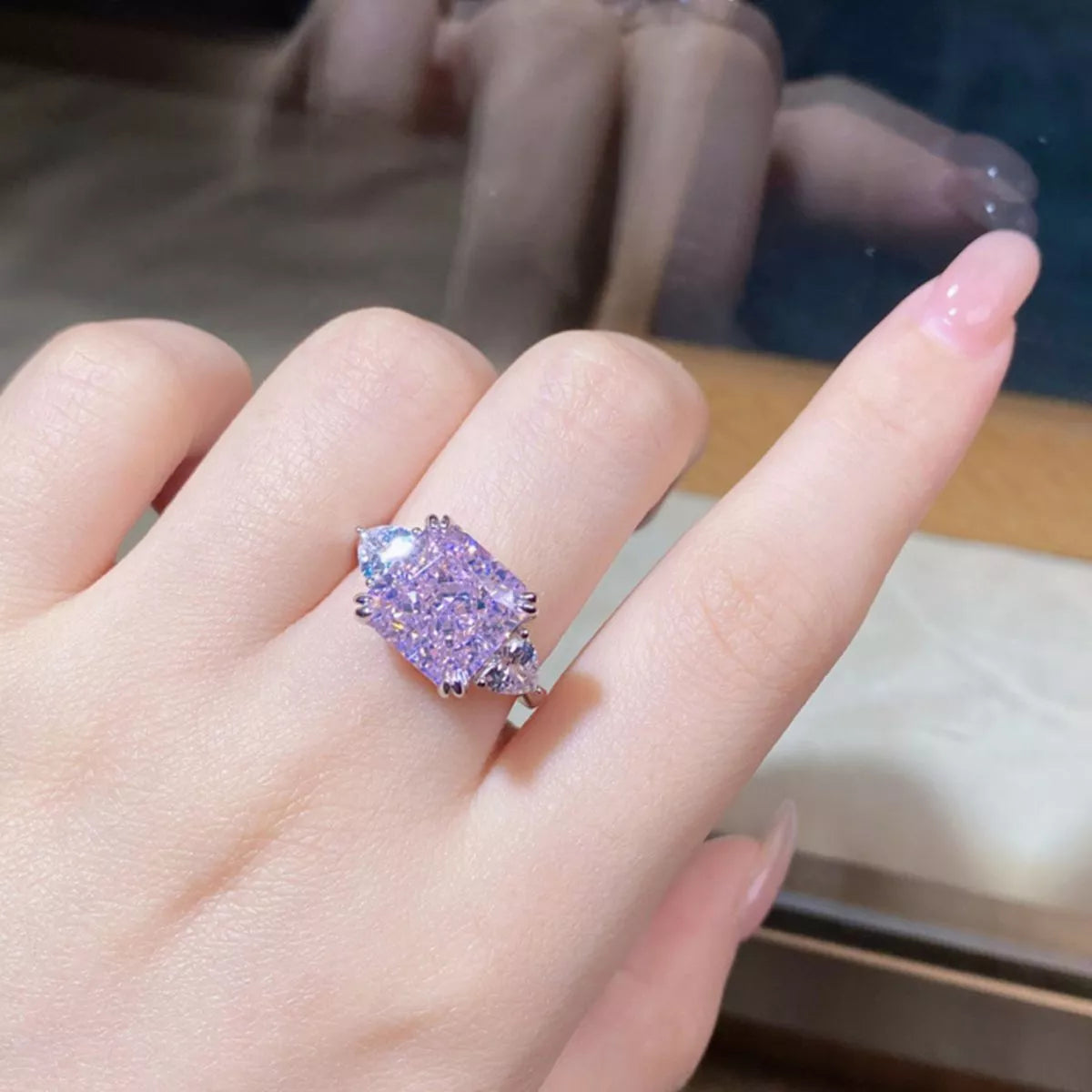 Sterling Silver Zircon Geometric Ring in Pink Purple - women's ring