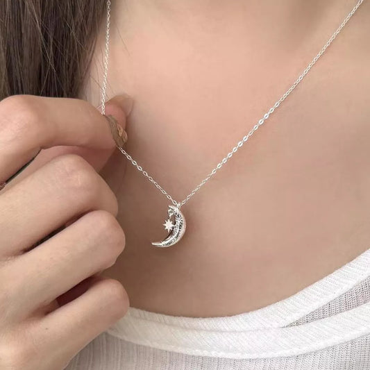 Sterling Silver Star Moon Necklace in Gray - women's necklace