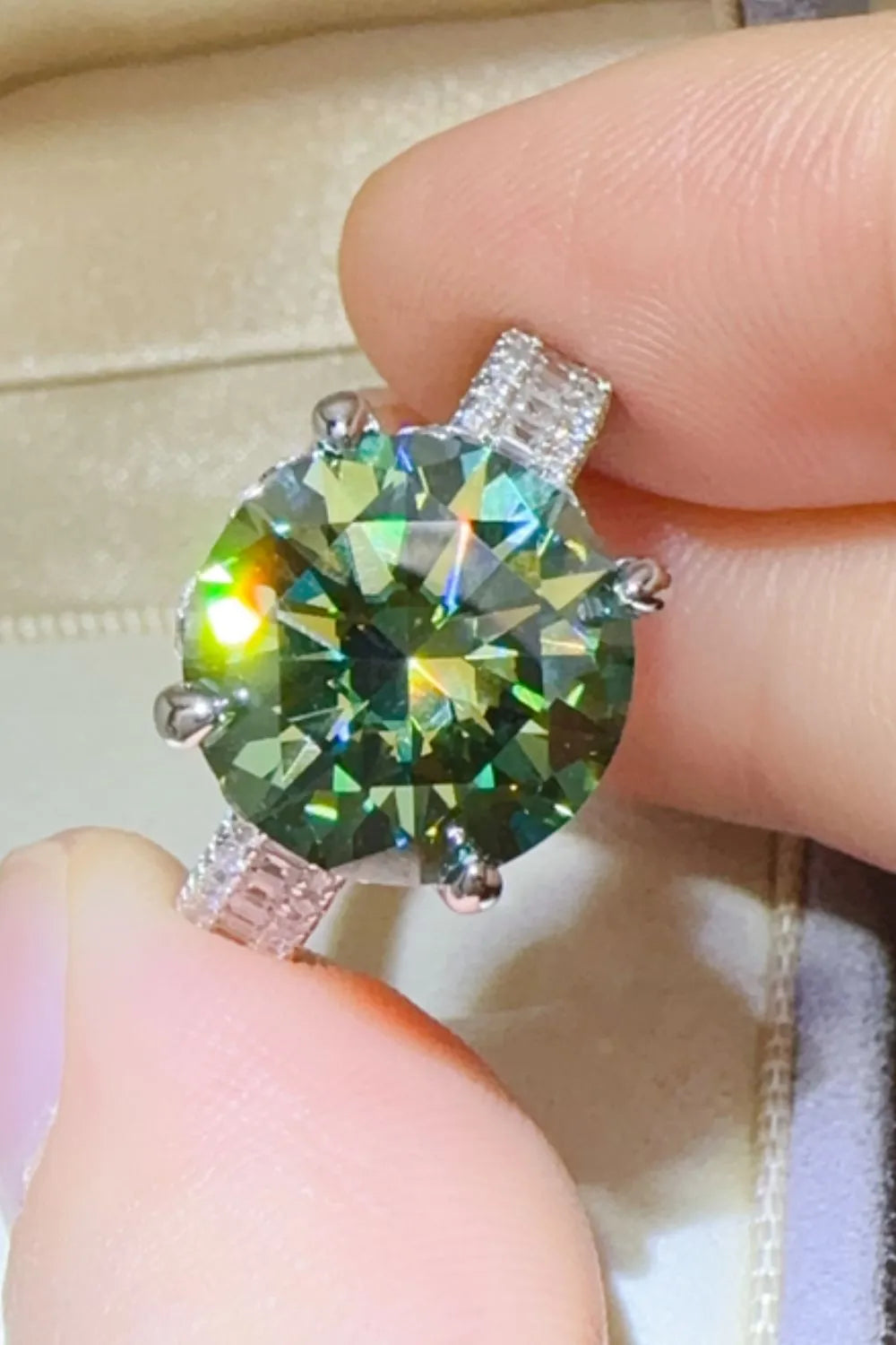 5 Carat Moissanite Sterling Silver Ring in Dark Green - women's ring