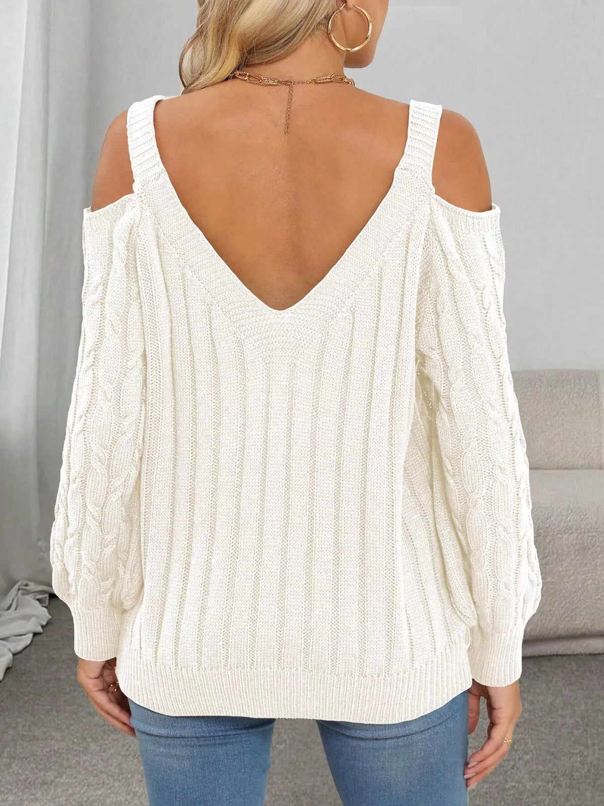 Floral Applique Cold Shoulder Cable-Knit Sweater in Rice White - women's sweater