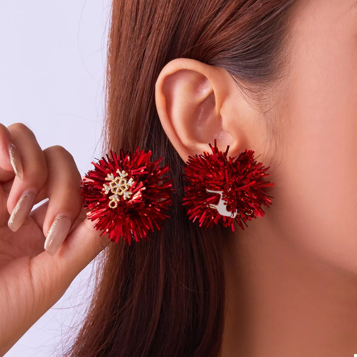 Christmas Asymmetrical Tinsel Ball Earrings in Green - women's earrings