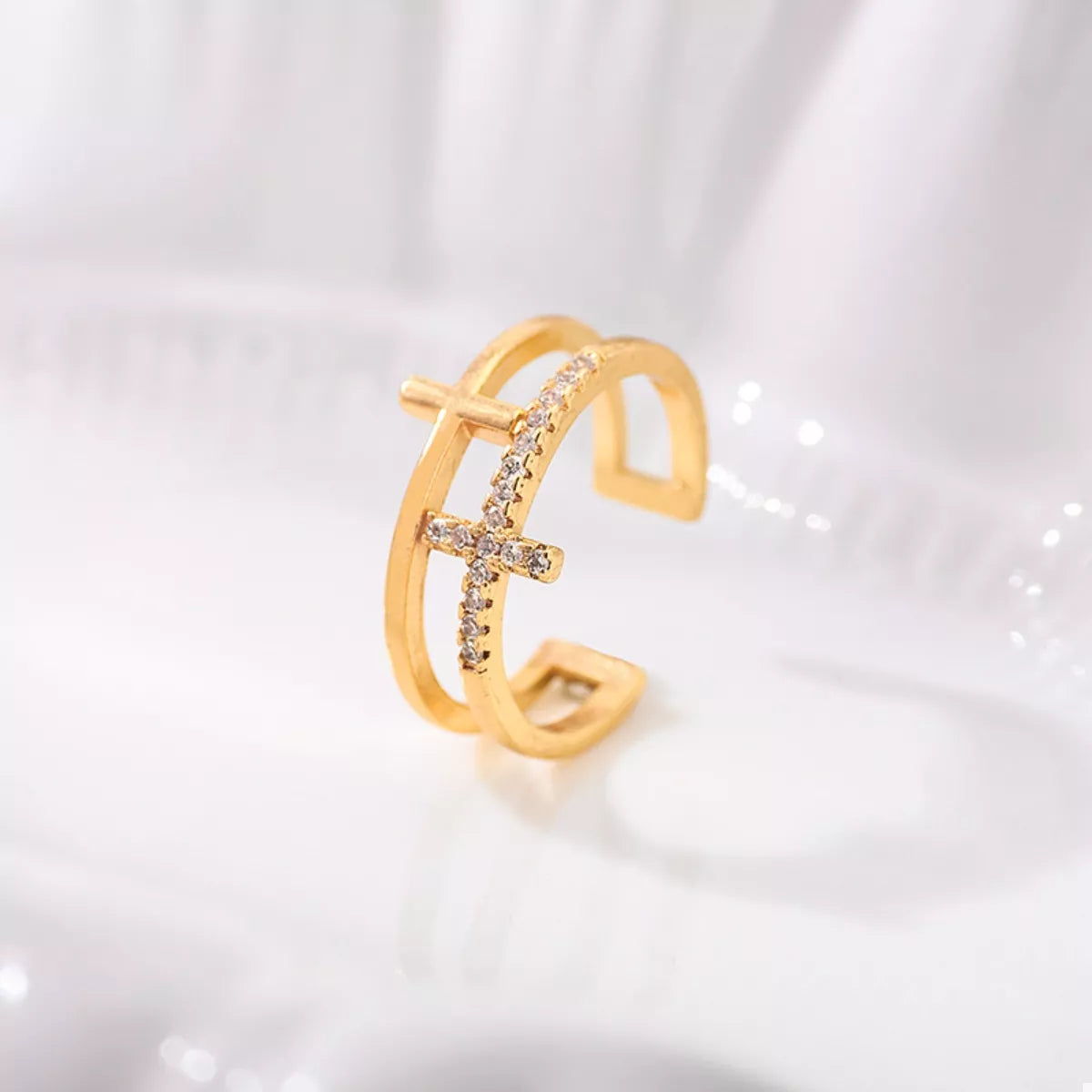 18K Gold-Plated Rhinestone Cross Open Ring - alternate ring view
