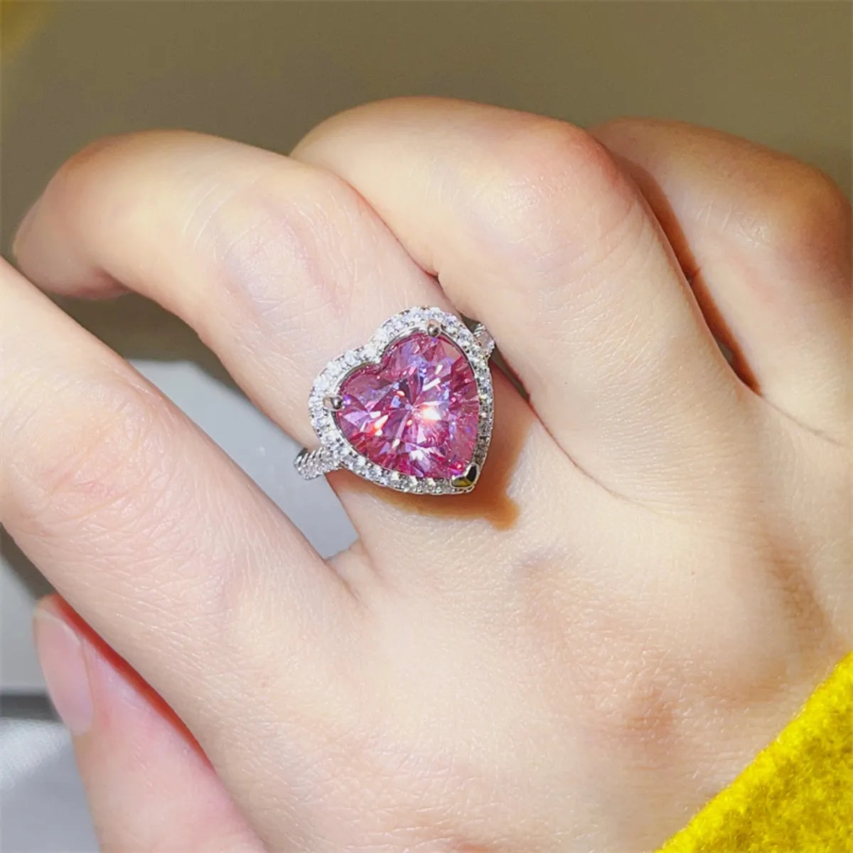 5 Carat Moissanite Sterling Silver Heart Ring in Fuchsia Pink - women's ring