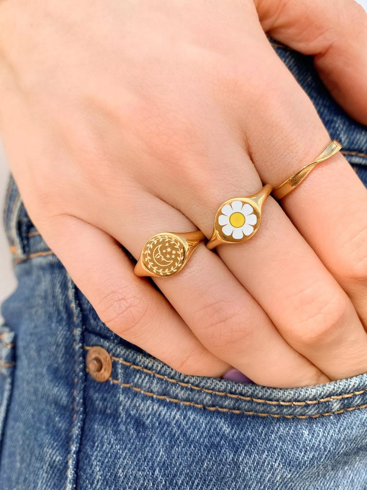 18K Gold-Plated Sun Motif Signet Ring in Style B - women's signet ring