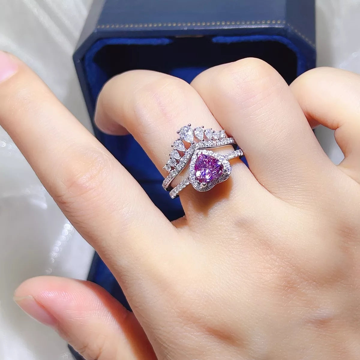 2 Carat Moissanite Sterling Silver Ring Set in Pink Purple - women's ring