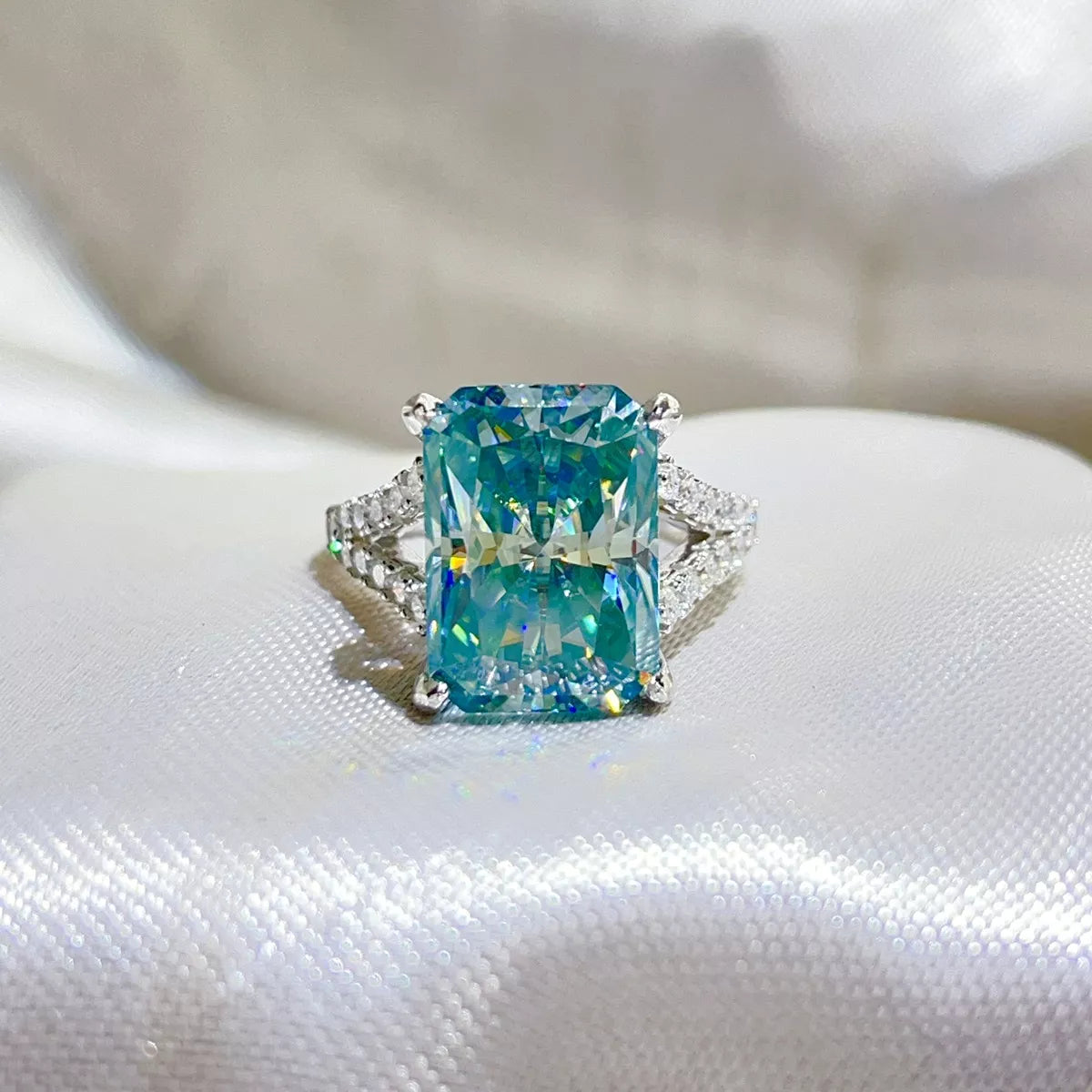 10 Carat Sterling Silver Moissanite Ring in Mint Blue - women's ring