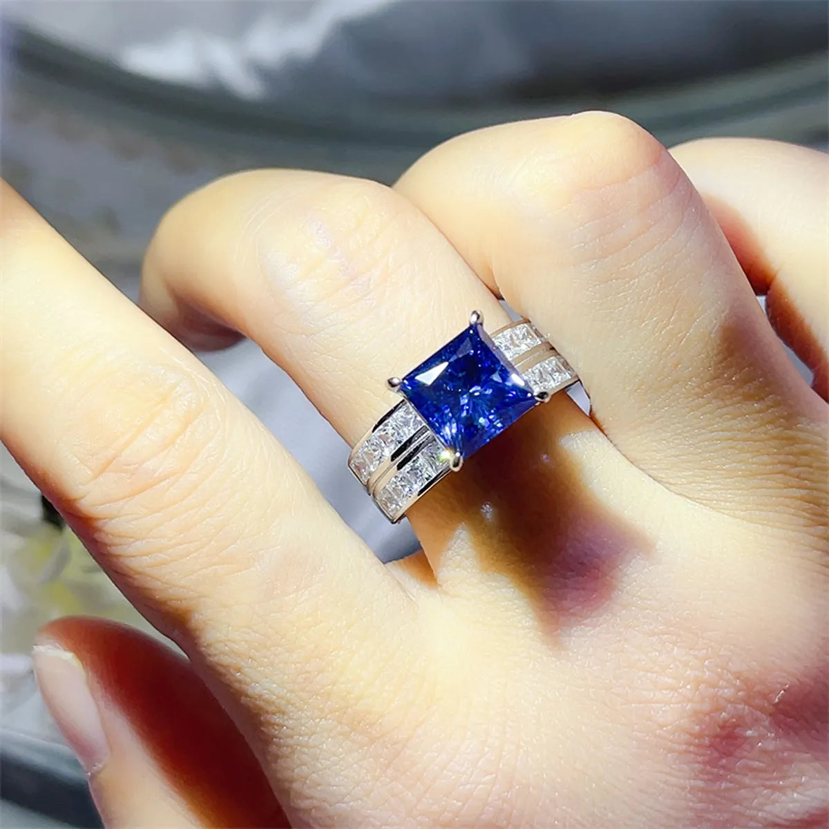 3 Carat Moissanite Sterling Silver Ring in Royal Blue - women's ring