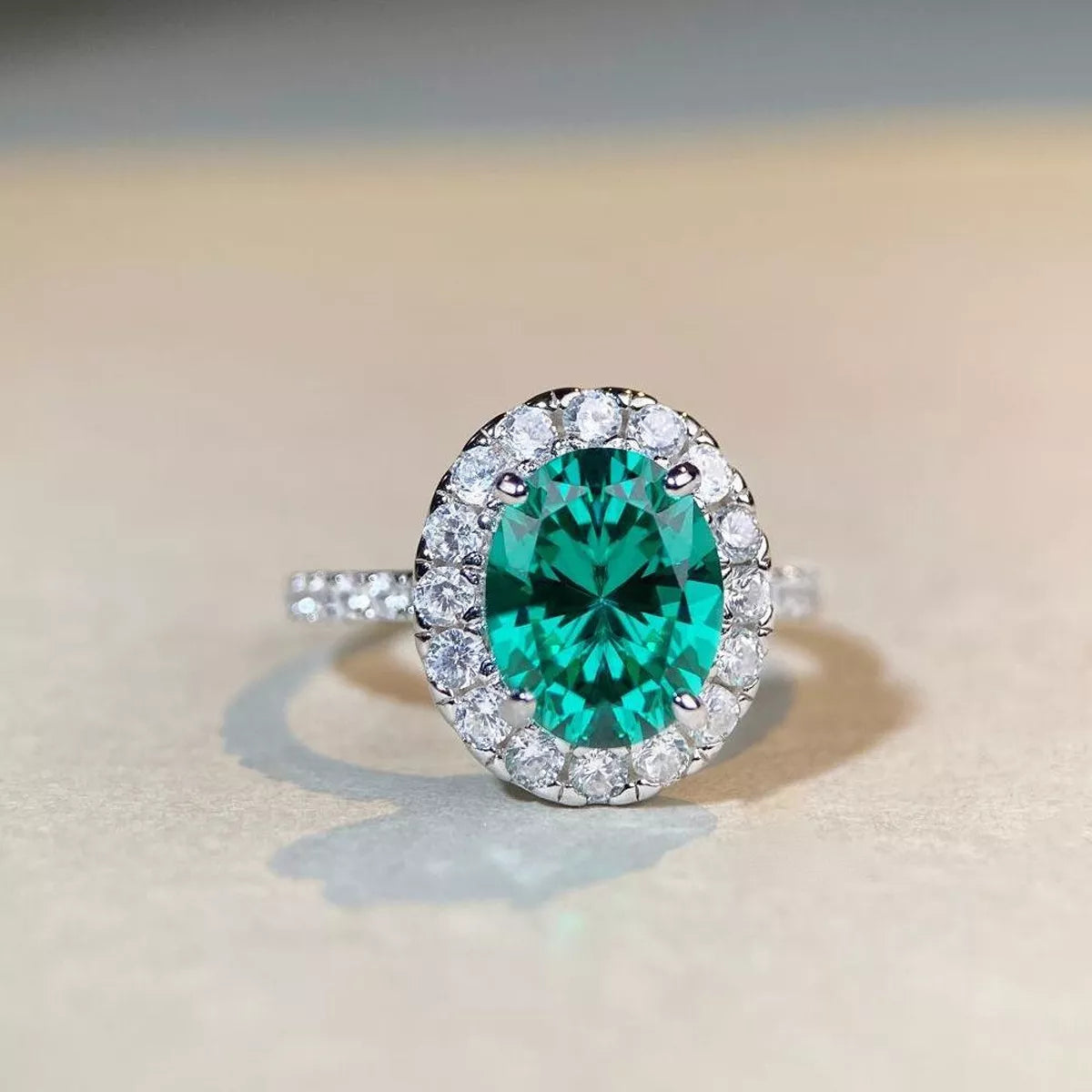 Sterling Silver Oval Zircon Ring in Dark Green - women's ring