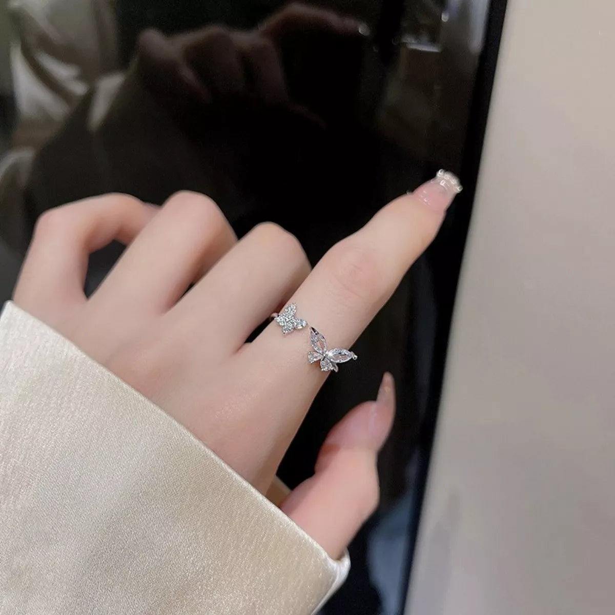 Sterling Silver Zircon Butterfly Open Ring - alternate ring view