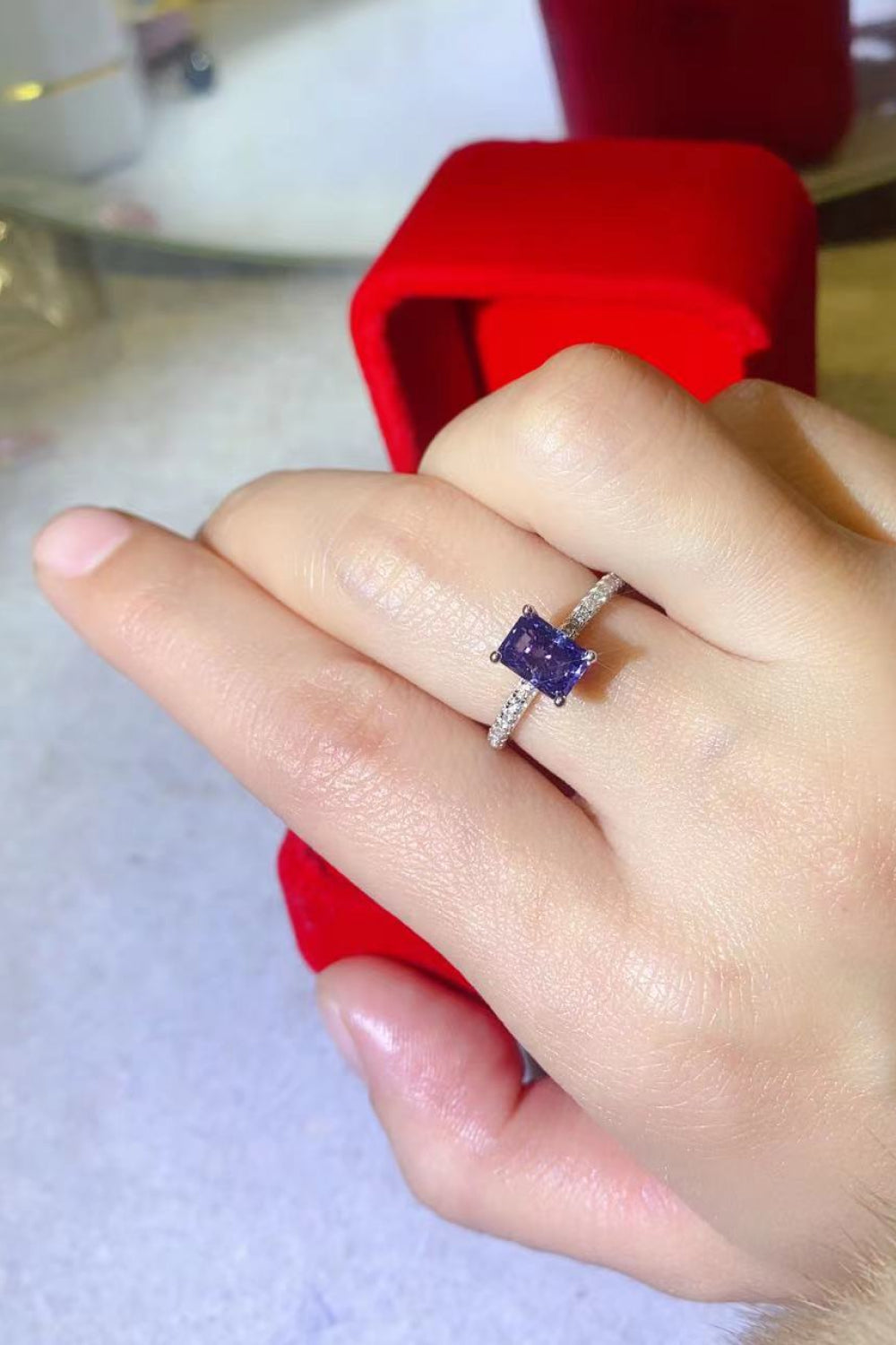 1 Carat Moissanite Sterling Silver Rectangle Ring in Blue in Blue - women's ring