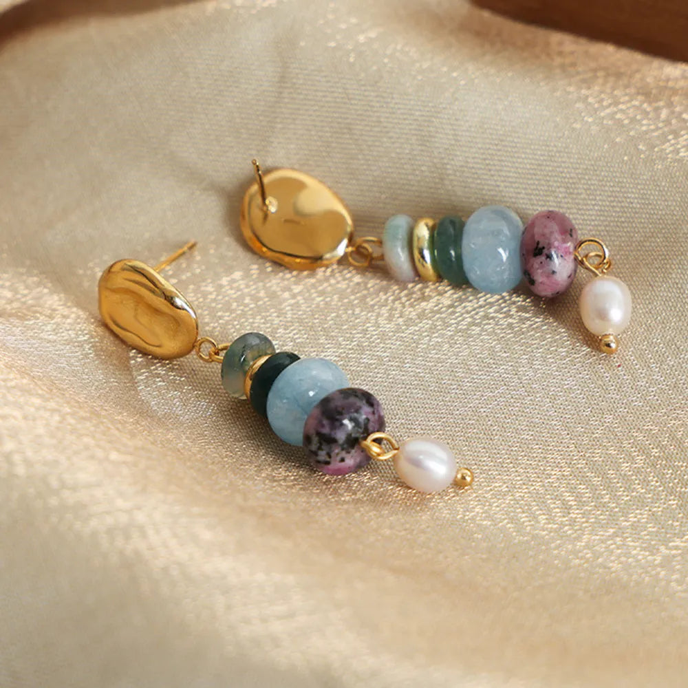 Natural Stone Freshwater Pearl Dangle Earrings - alternate earring view