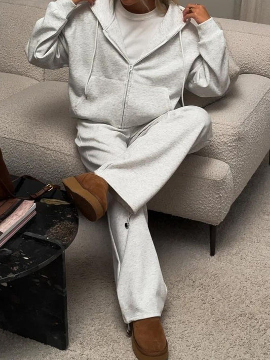 Zip-Up Hoodie and Sweatpants Set in Gray - women's matching pants set