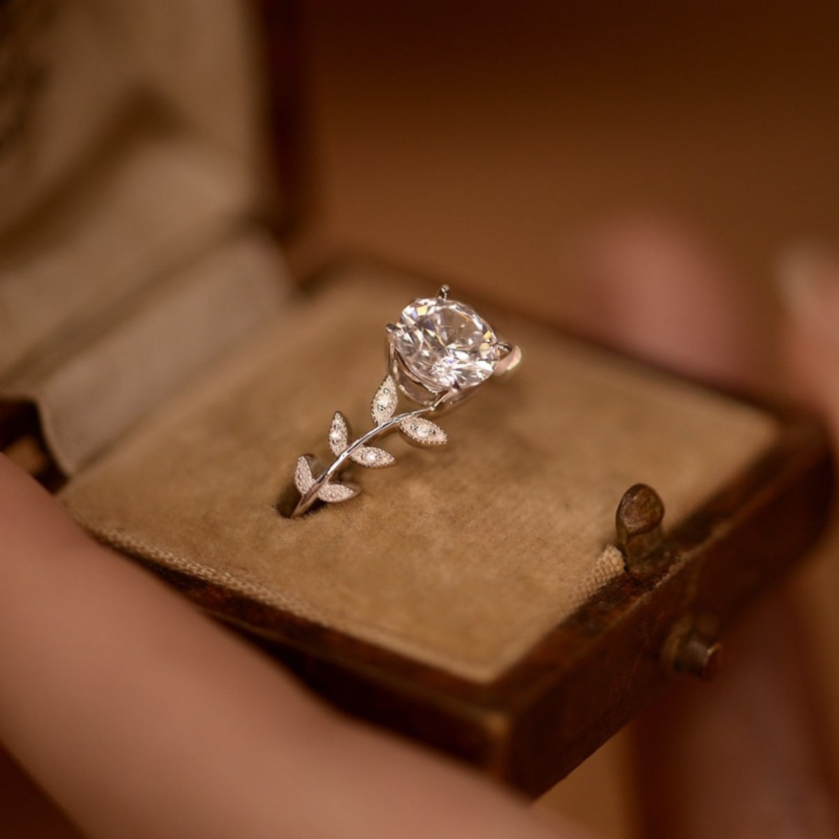 1 Carat Moissanite Sterling Silver Leaf Ring - alternate ring view