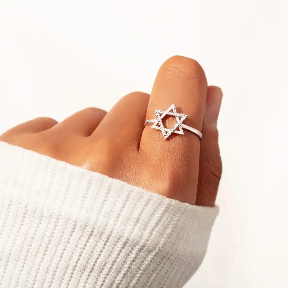 Sterling Silver Inlaid Zircon Hexagram Ring in White - women's ring