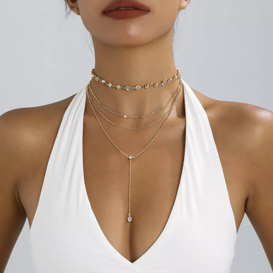 Multi-Layered Rhinestone Choker Necklace in Gold - women's choker necklace