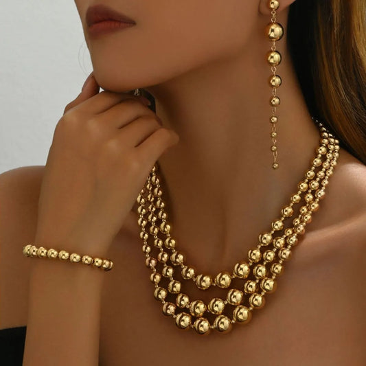 18K Stainless Steel Beaded Multi-Layered Necklace Bracelet Earrings Set in Gold - women's layered necklace