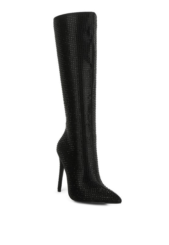 Crafted with soft and luxurious satin heatseal, these pointed high heel calf boots are both stylish and comfortable. The synthetic lining provides a soft and smooth feel, while the TPR outer sole ensures durability. Featuring a side zipper opening and heat set diamante, these boots are a must-have for any fashionable wardrobe. Enjoy free shipping on all orders. Shop now!