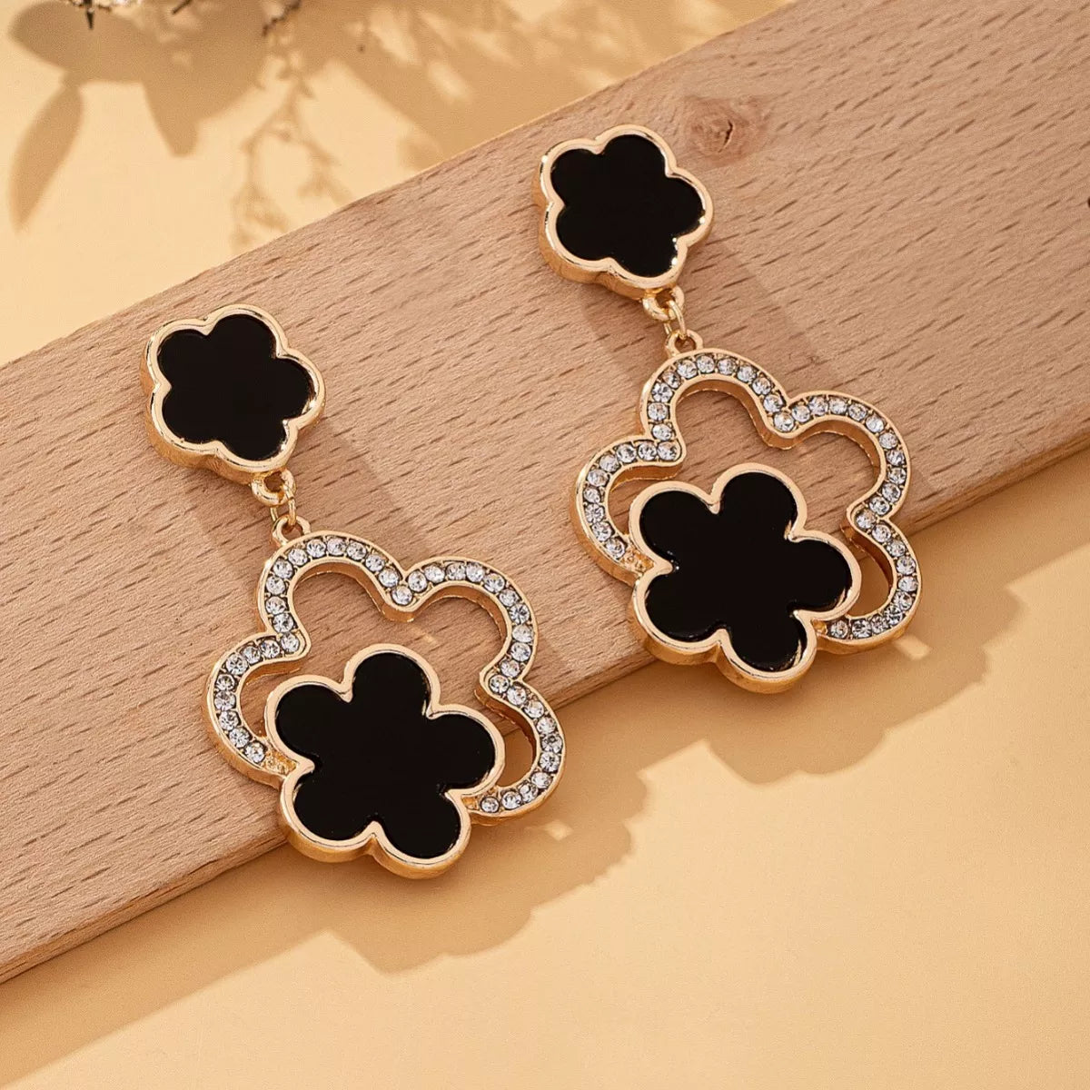Lucky Clover Dangle Earrings with Rhinestone Accents in Black - women's dangle earrings