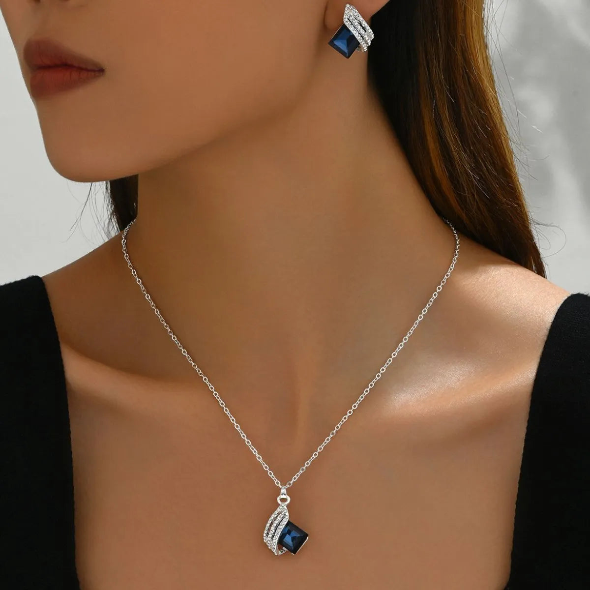 Stainless Steel Crystal Geometric Earrings and Necklace Set - alternate necklace view