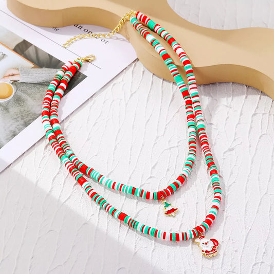 Alloy Christmas Necklace with Santa and Christmas Tree Pendant in Red - women's pendant necklace