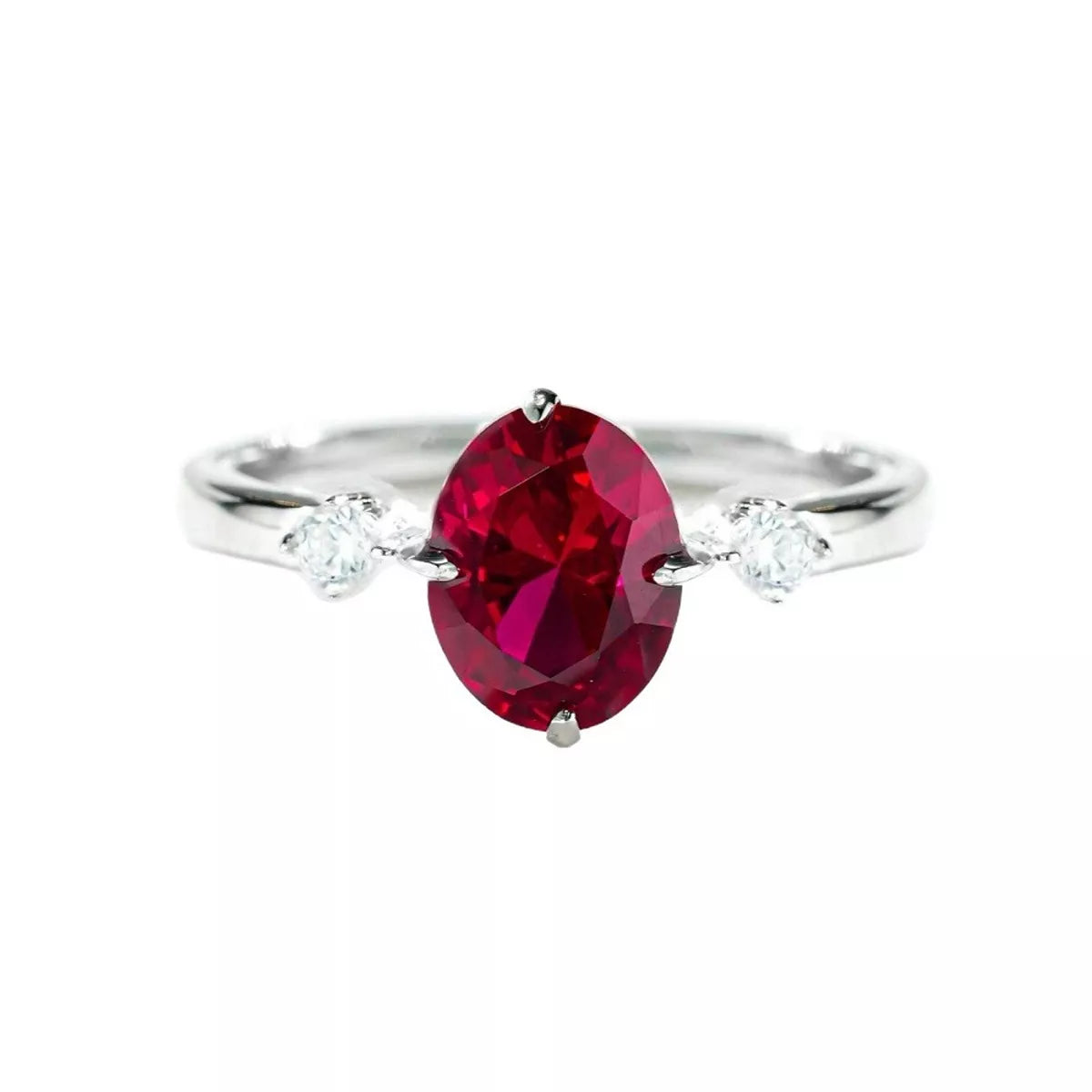 Sterling Silver Zircon Oval-Cut Ring in Burgundy - women's ring