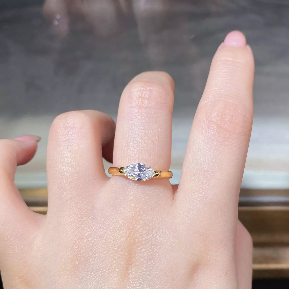 Sterling Silver Marquise-Cut Ring in Gold - women's ring