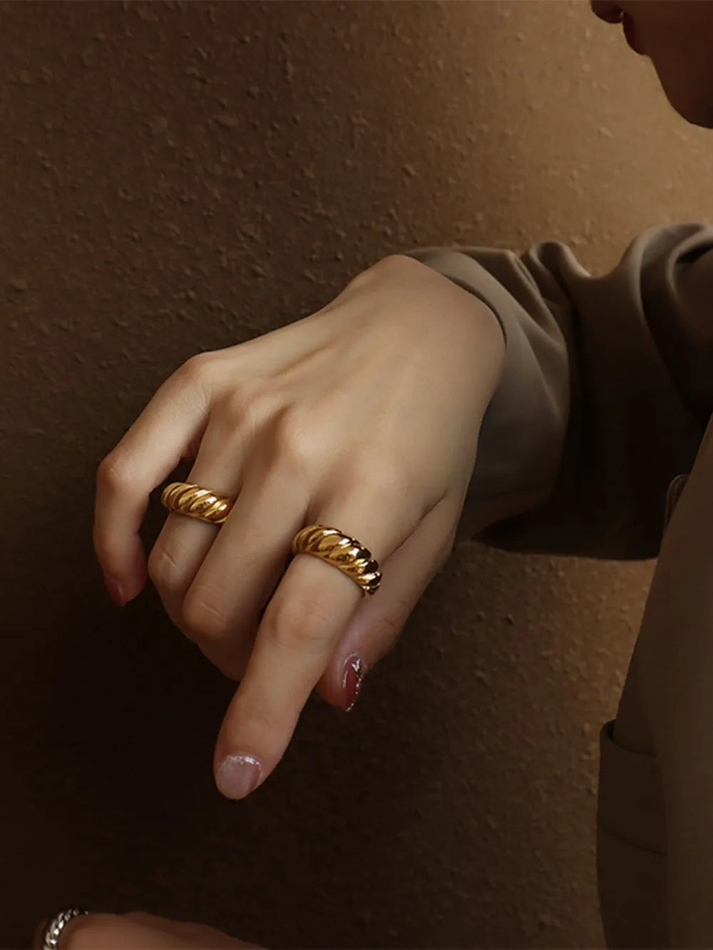 Ribbed Titanium Steel Ring in Gold - women's ring