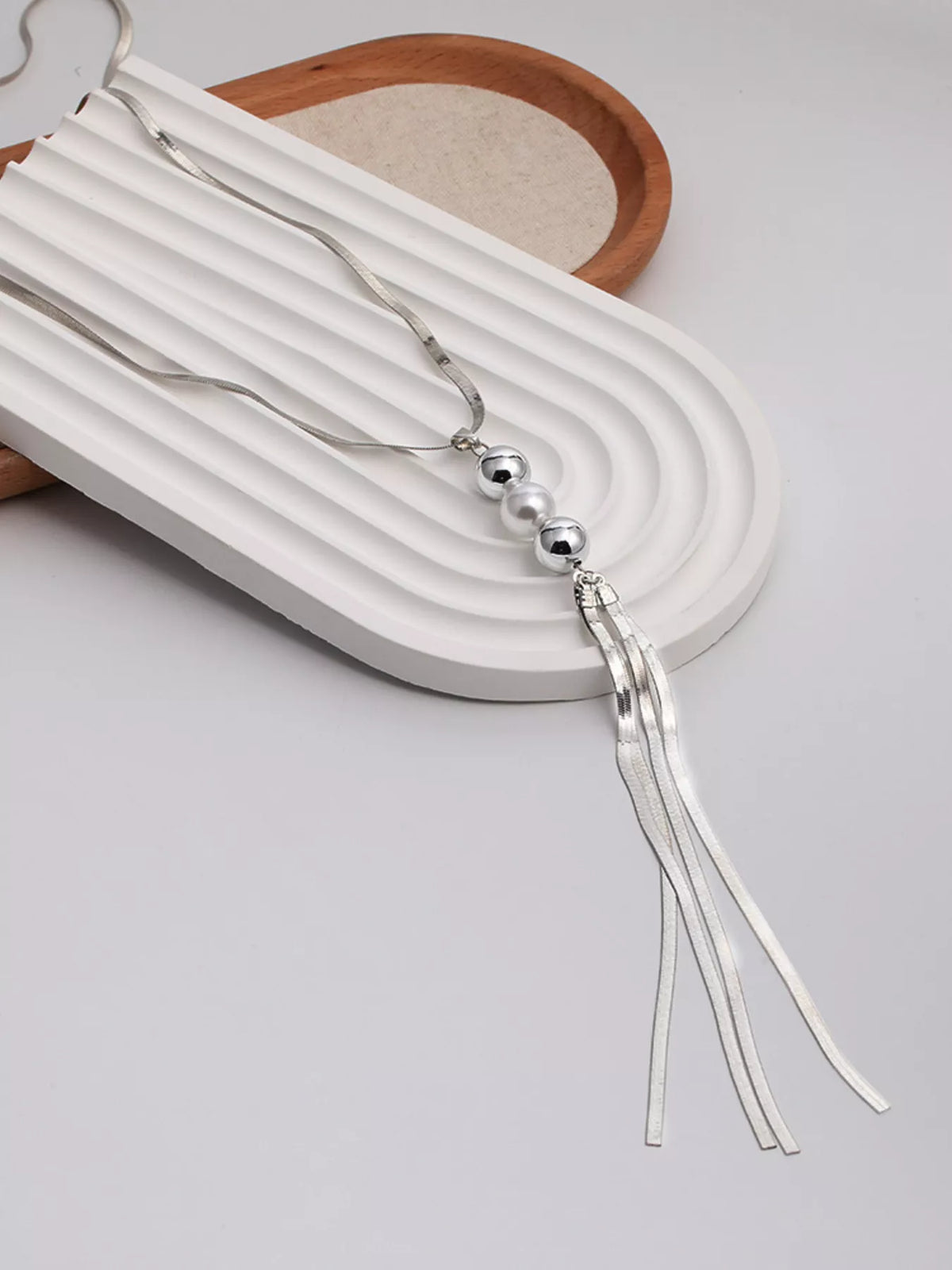 Alloy Silver-Plated Bead Tassel Necklace - alternate necklace view