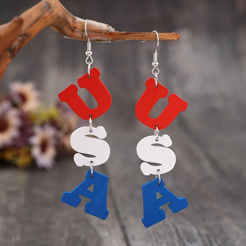 USA Wooden Letter Dangle Earrings in White - women's dangle earrings