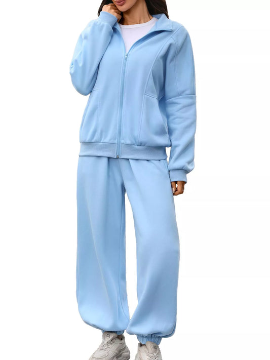 Zip-Up Long Sleeve Top and Pants Set in Sky Blue - women's matching pants set
