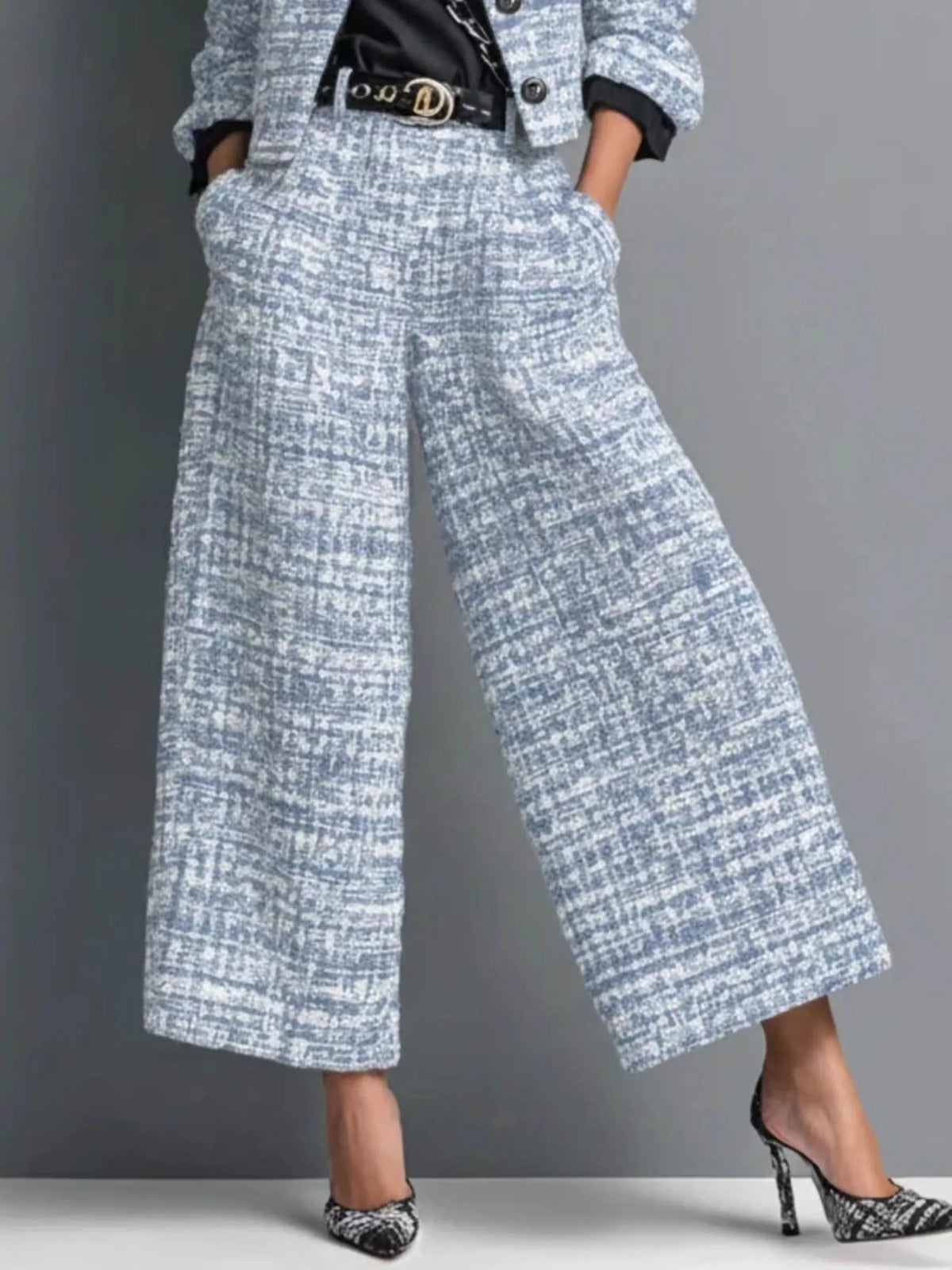 Tweed Cropped Jacket and Wide-Leg Pants Set in Black - Blossom's