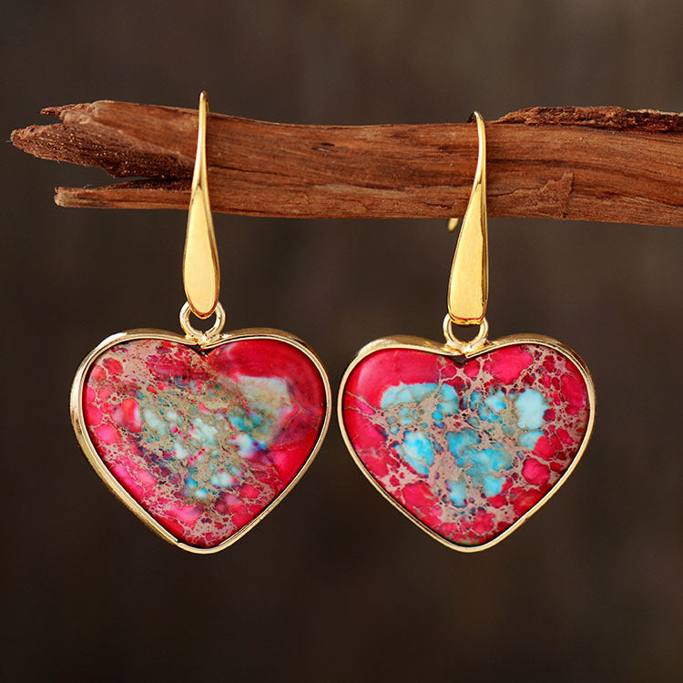 Natural Stone Heart Drop Earrings in Red - women's drop earrings