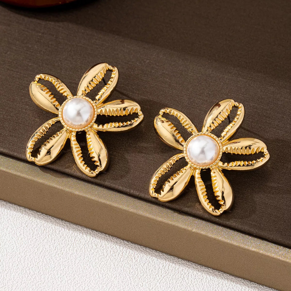 18K Gold-Plated Gold Flower Synthetic Pearl Stud Earrings - alternate earring view