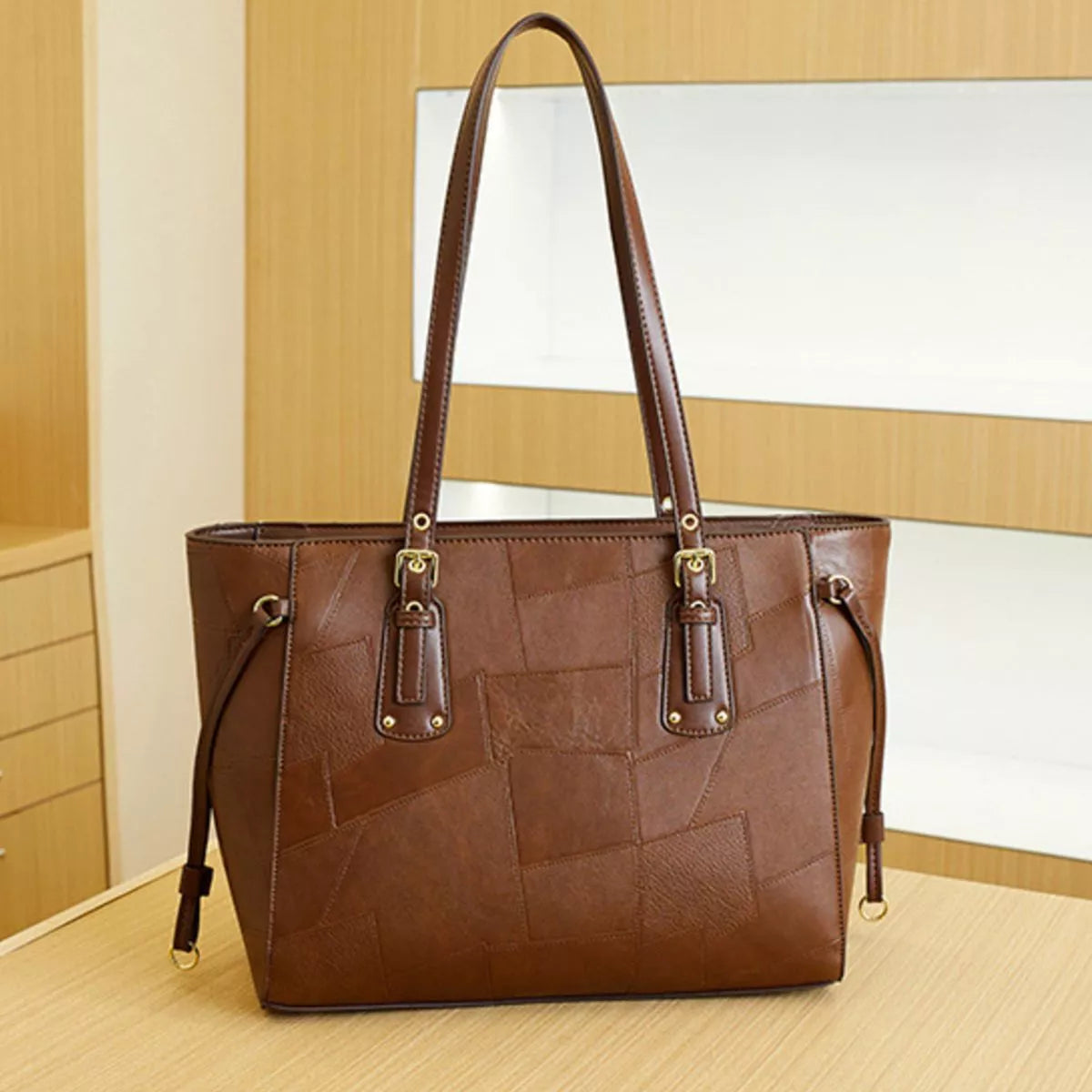 Patchwork Leather Tote Bag with Gold Logo Charm - alternate product view