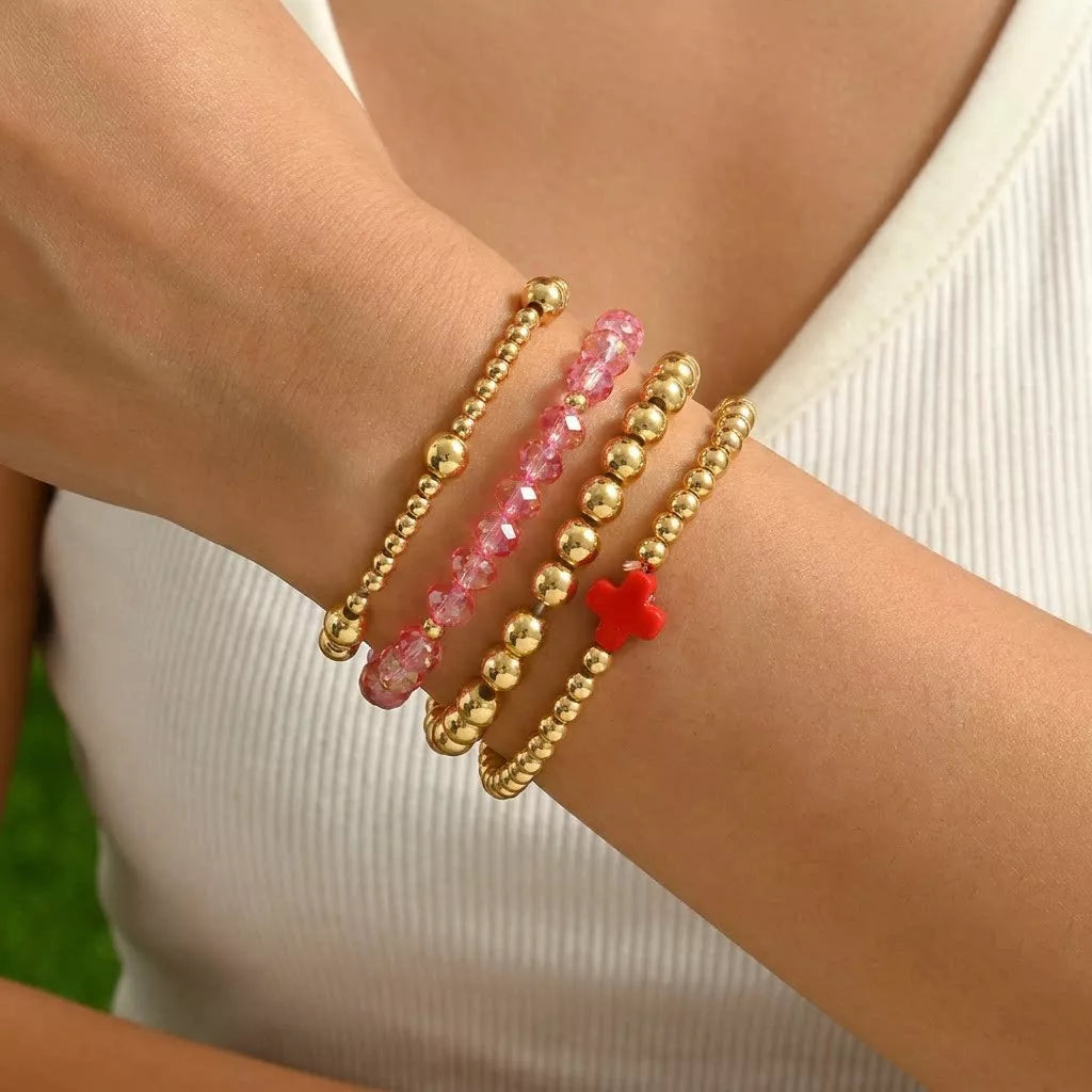 4 Piece Bead Bracelet Set with Cross Charm in Red - women's charm bracelet