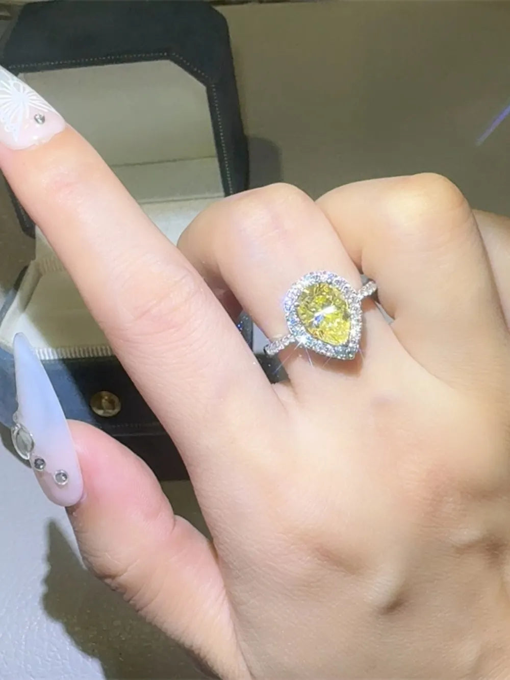 2 Carat Moissanite Sterling Silver Teardrop Ring in Yellow - women's ring