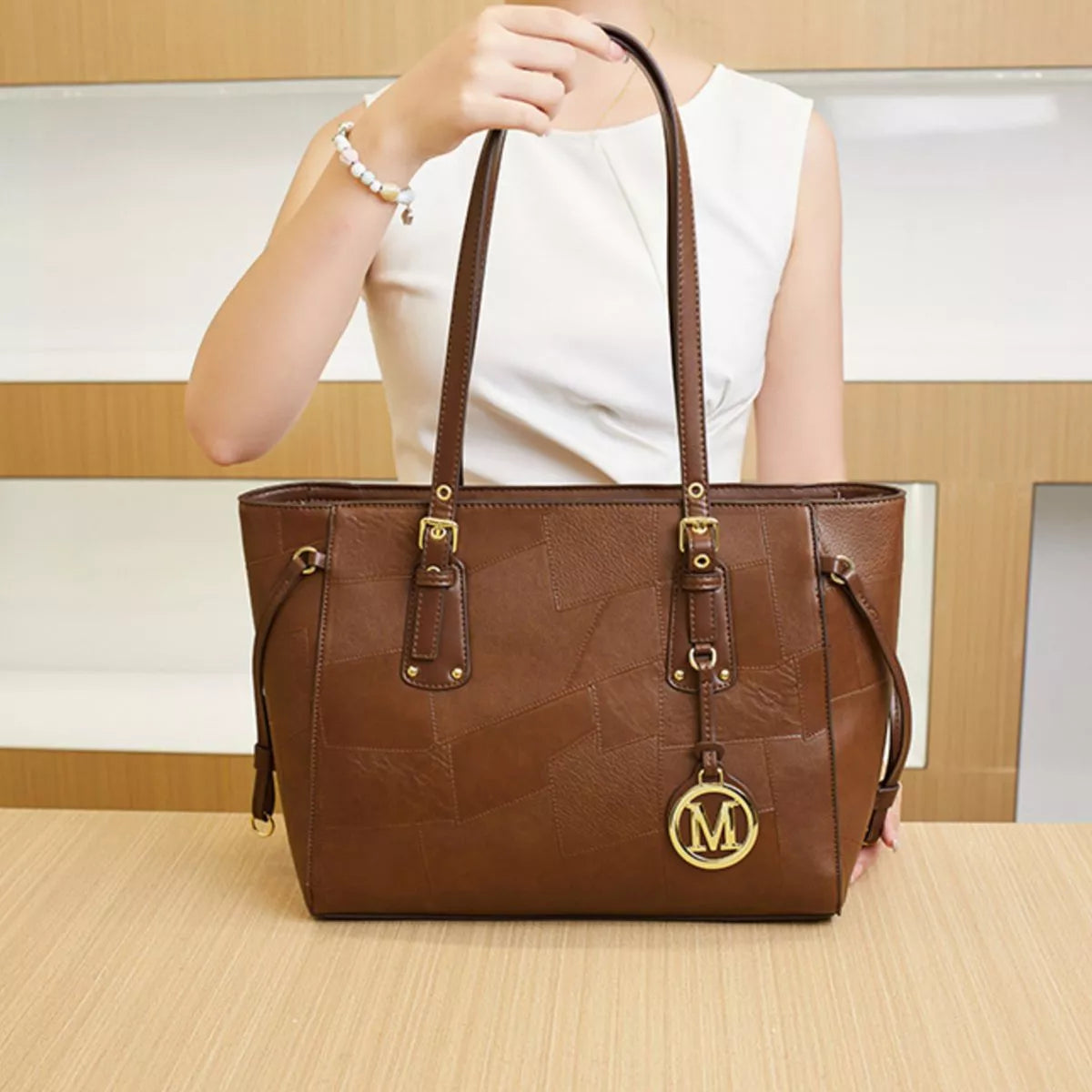 Patchwork Leather Tote Bag with Gold Logo Charm in Brown - women's leather tote bag