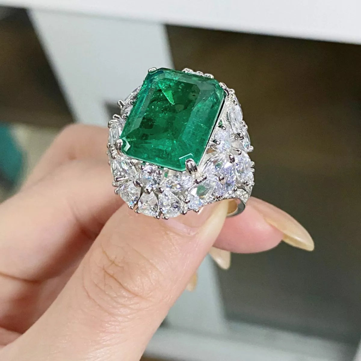 Sterling Silver Zircon Ring in Dark Green - women's ring