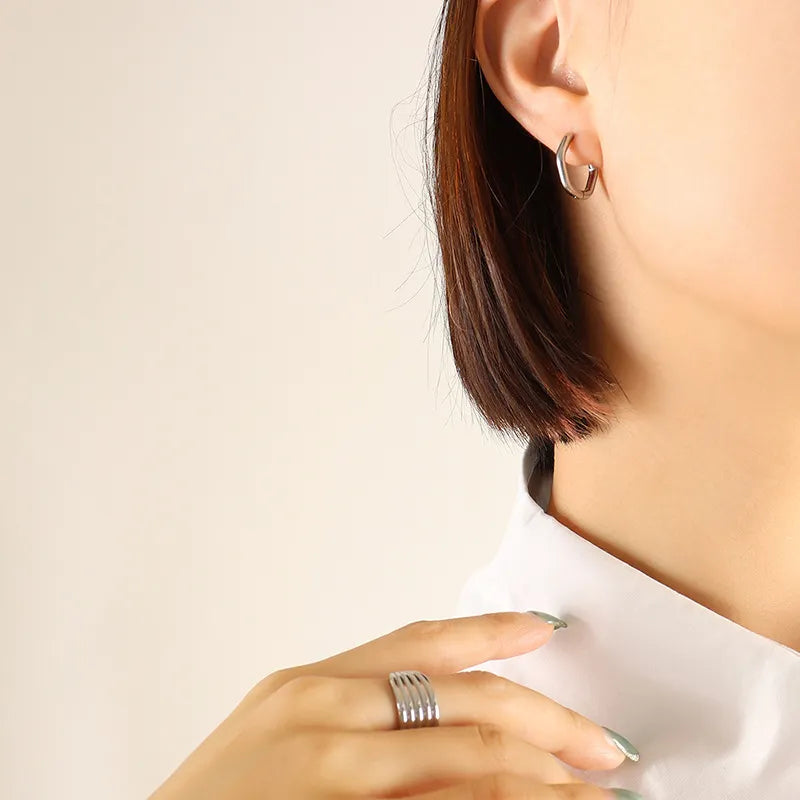 Titanium Steel Geometric Huggie Earrings in Gold Wide Triangle - women's huggie earrings