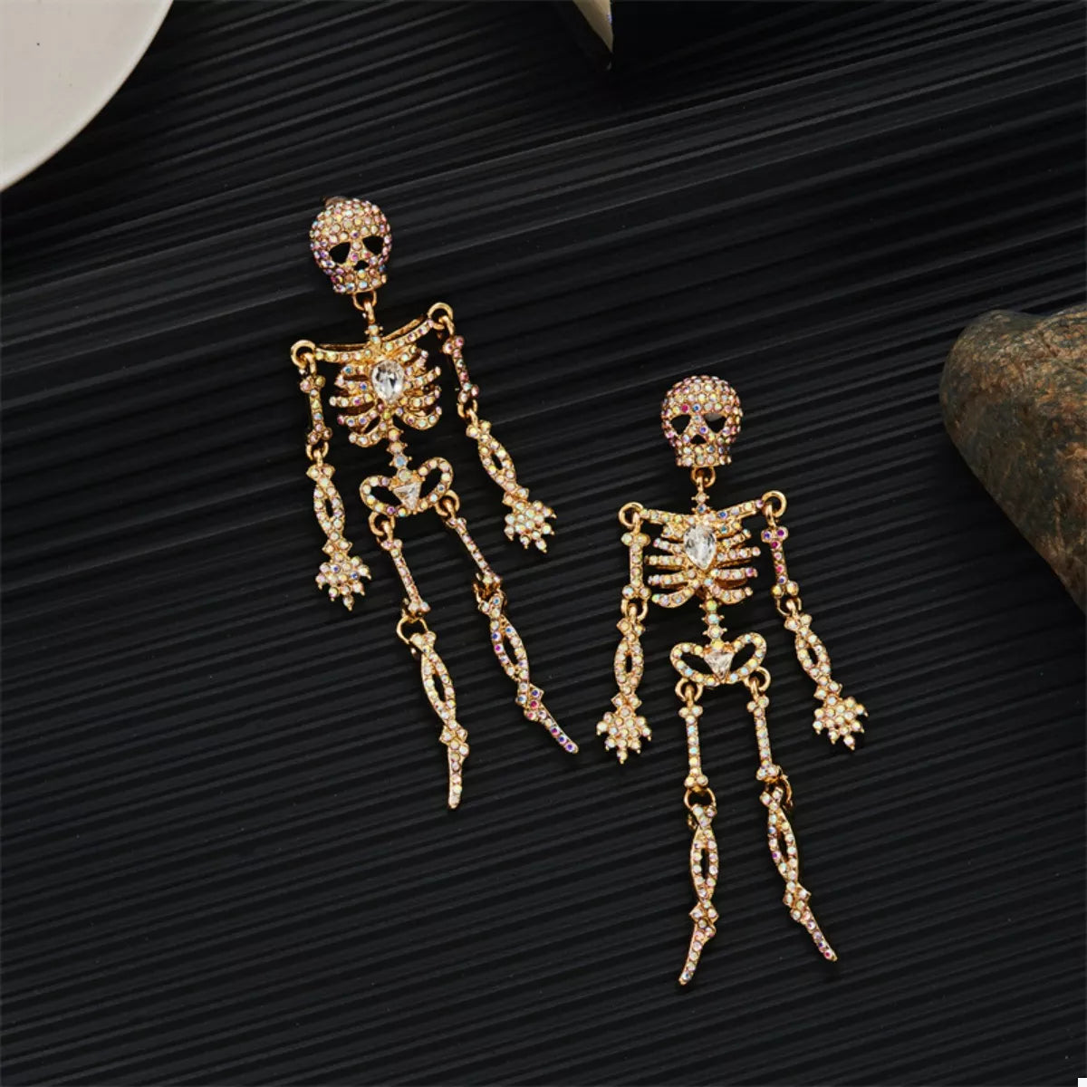 Halloween Skeleton Skull Zircon Drop Earrings - alternate earring view